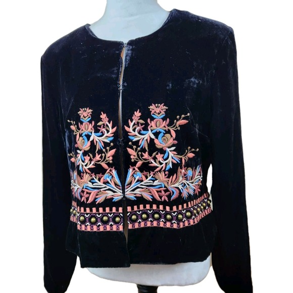 Boston Proper Womens Velvet Blazer Size 16 Black Embroidered Boho Jacket NEW NWT